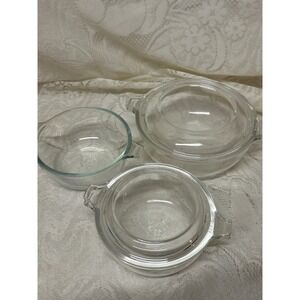 Vintage Pyrex Clear Glass Nesting Casserole Dishes Set USA 10 oz & 20 oz 2 Lids